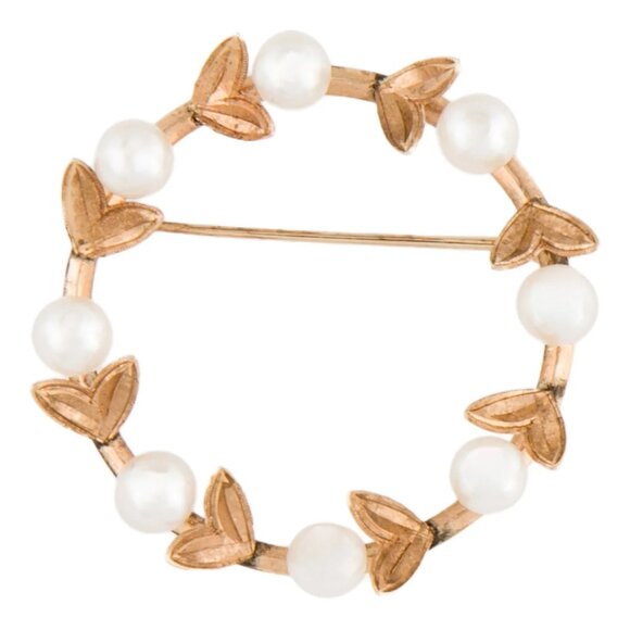 27 MM Gold Brooch Mistletoe 4 gr 14K Solid Gold Ring Real Pearl cca 1955 ANTIQUE - Picture 5 of 12